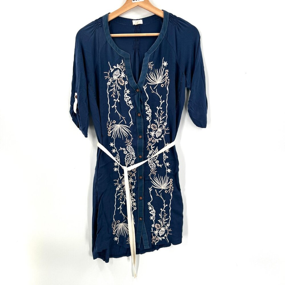 TINY anthropologie embroidered floral shirt dress boho belted mini blue S